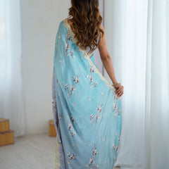 Sequin & Dori Work on Hand-Printed Satin Chiffon Saree