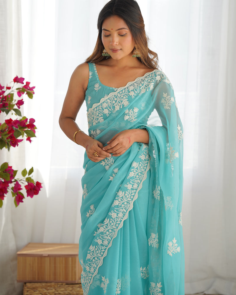 Shimmer Silk with Thread Work & Cut Border Saree