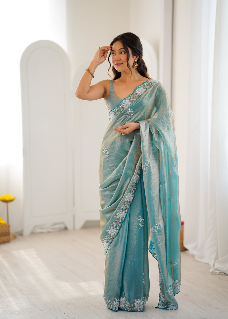 Fendy Satin Silk Saree with Triple Embellishment