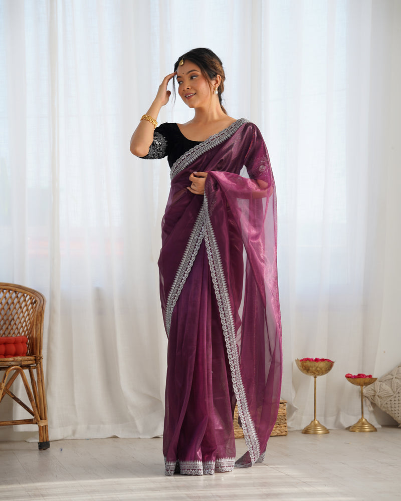 Twill Net with 3mm Sequin & Gold Zari Work Saree