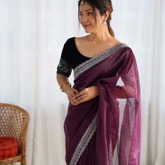 Twill Net with 3mm Sequin & Gold Zari Work Saree