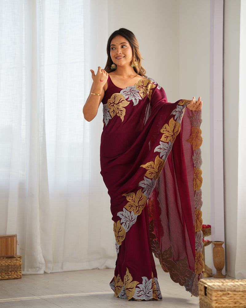 Vichitra Silk Saree with Fine Hand Embroidery