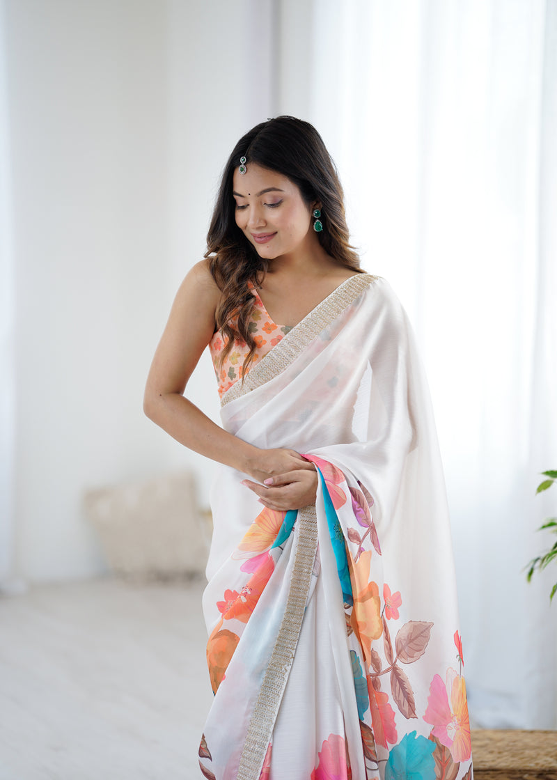 Satin Chiffon Saree with Hand Print & Diamond Cutdana Work