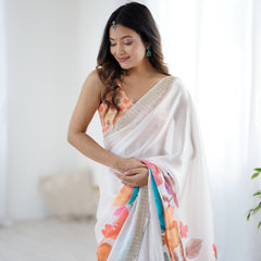 Satin Chiffon Saree with Hand Print & Diamond Cutdana Work