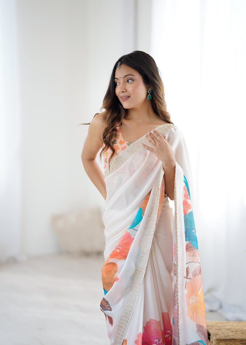 Satin Chiffon Saree with Hand Print & Diamond Cutdana Work