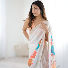 Satin Chiffon Saree with Hand Print & Diamond Cutdana Work