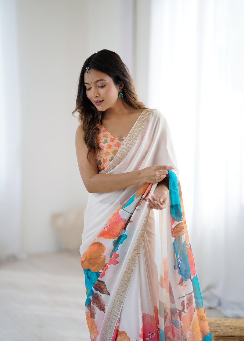 Satin Chiffon Saree with Hand Print & Diamond Cutdana Work