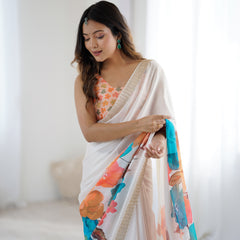 Satin Chiffon Saree with Hand Print & Diamond Cutdana Work