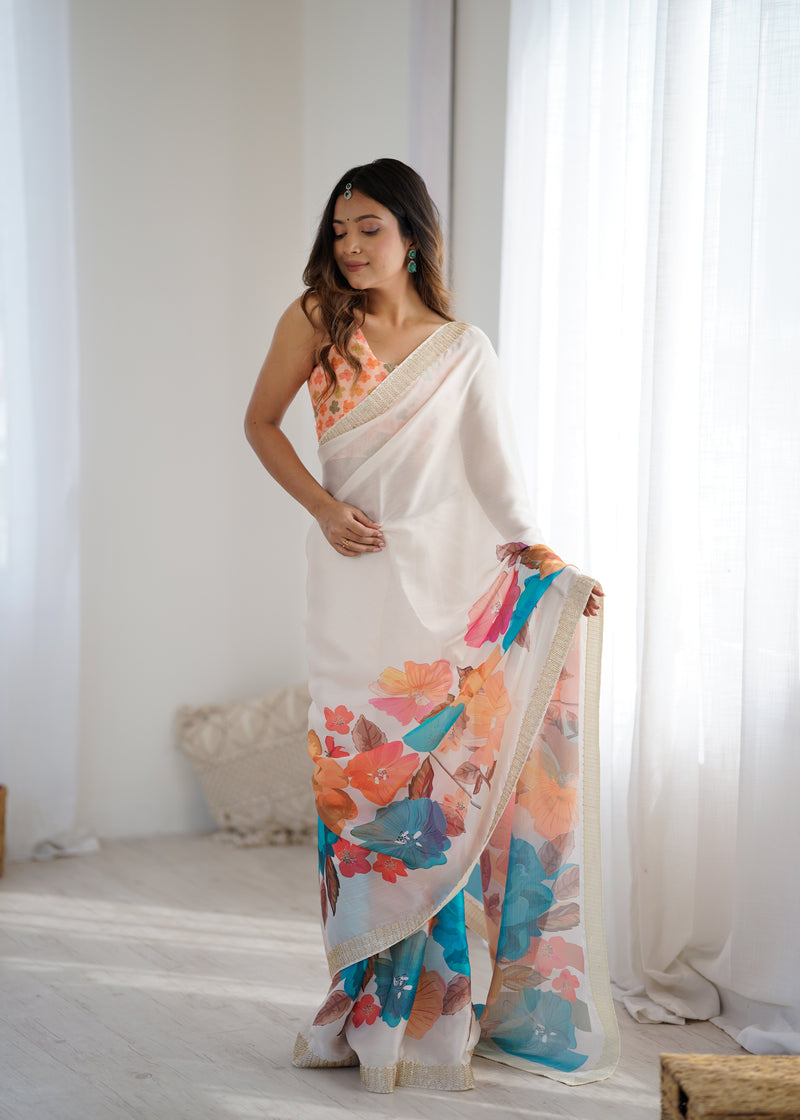 Satin Chiffon Saree with Hand Print & Diamond Cutdana Work