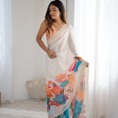 Satin Chiffon Saree with Hand Print & Diamond Cutdana Work