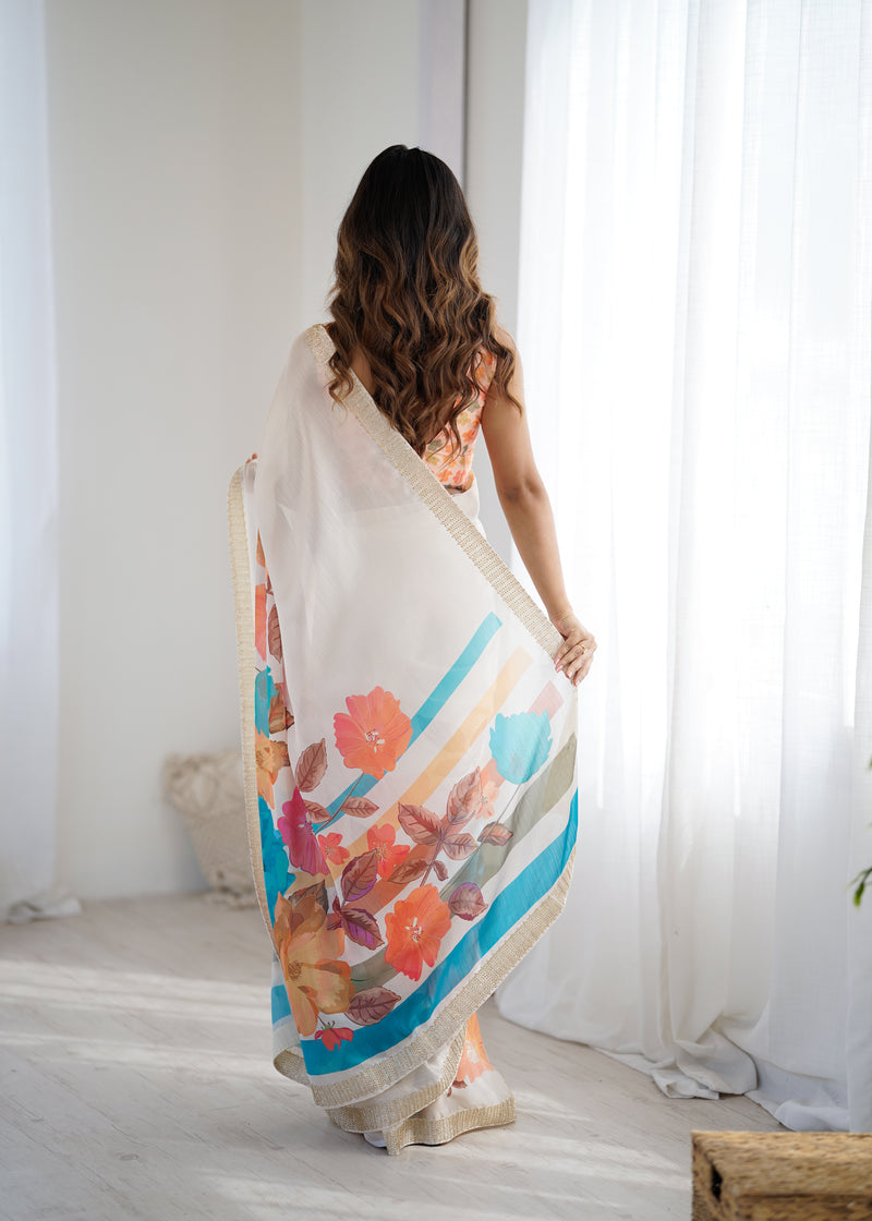 Satin Chiffon Saree with Hand Print & Diamond Cutdana Work