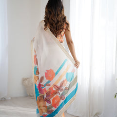 Satin Chiffon Saree with Hand Print & Diamond Cutdana Work