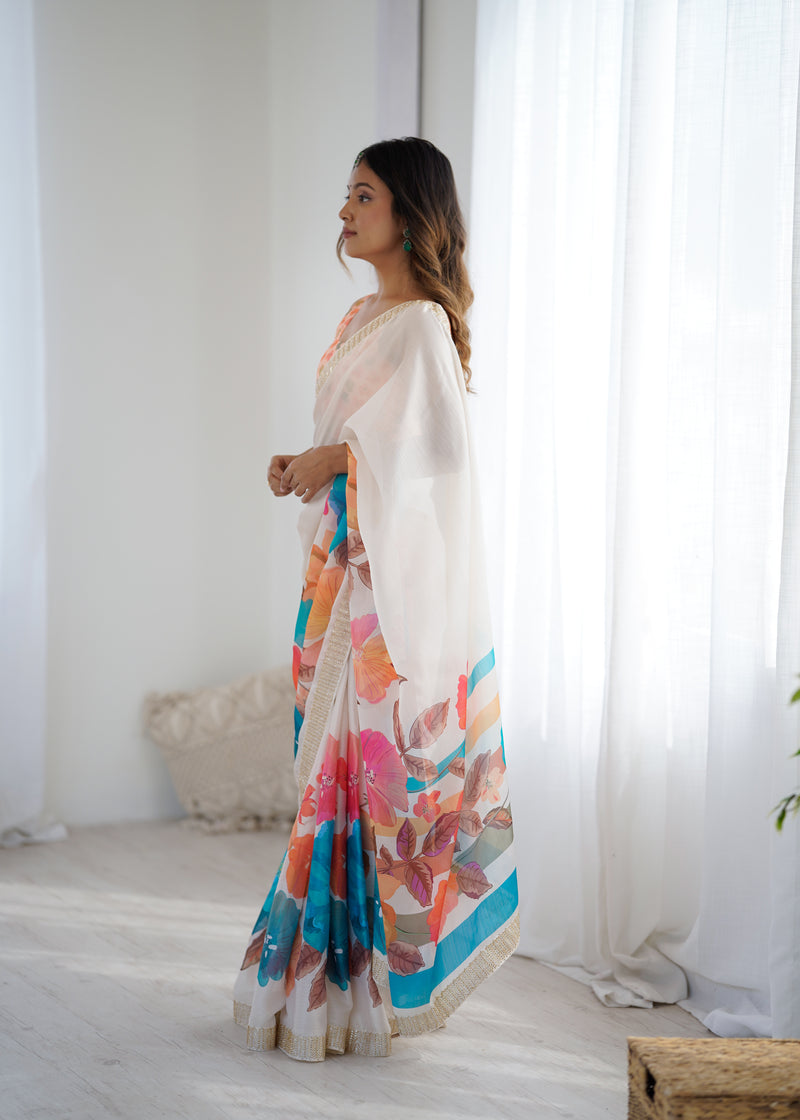 Satin Chiffon Saree with Hand Print & Diamond Cutdana Work