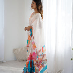 Satin Chiffon Saree with Hand Print & Diamond Cutdana Work