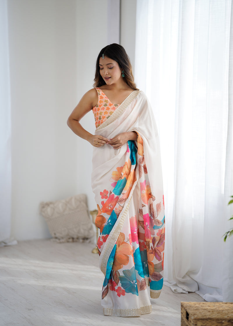 Satin Chiffon Saree with Hand Print & Diamond Cutdana Work