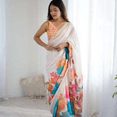 Satin Chiffon Saree with Hand Print & Diamond Cutdana Work