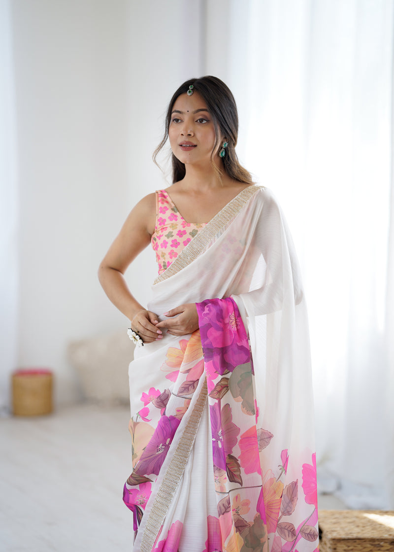 Satin Chiffon Saree with Hand Print & Diamond Cutdana Work