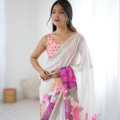 Satin Chiffon Saree with Hand Print & Diamond Cutdana Work