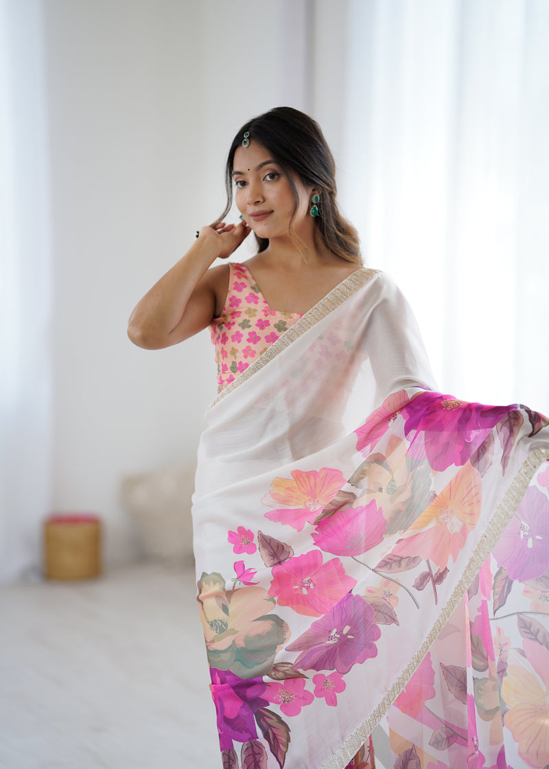 Satin Chiffon Saree with Hand Print & Diamond Cutdana Work