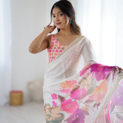 Satin Chiffon Saree with Hand Print & Diamond Cutdana Work