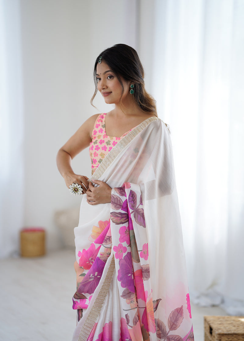 Satin Chiffon Saree with Hand Print & Diamond Cutdana Work