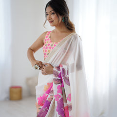 Satin Chiffon Saree with Hand Print & Diamond Cutdana Work