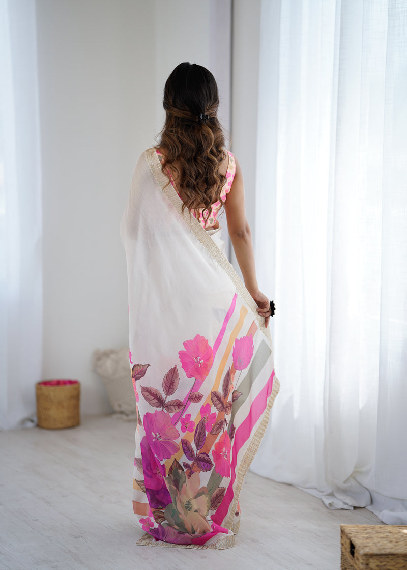 Satin Chiffon Saree with Hand Print & Diamond Cutdana Work