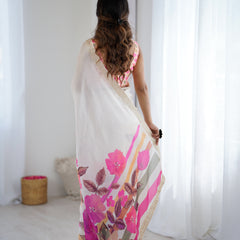 Satin Chiffon Saree with Hand Print & Diamond Cutdana Work