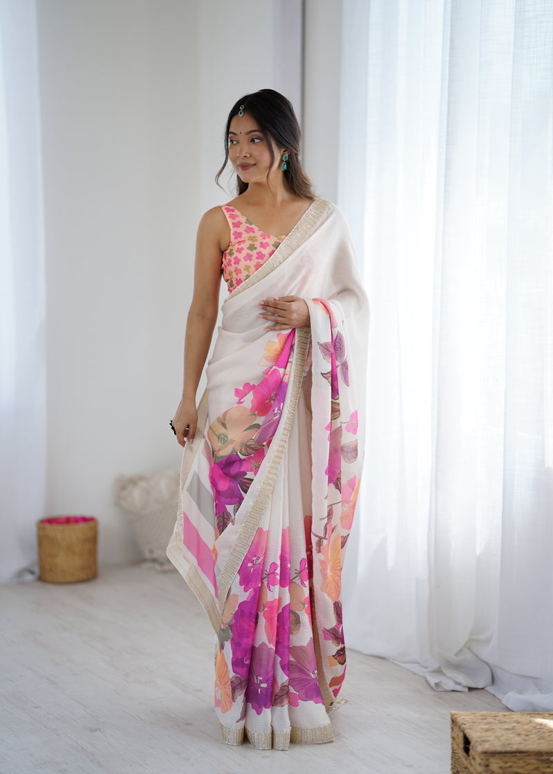 Satin Chiffon Saree with Hand Print & Diamond Cutdana Work