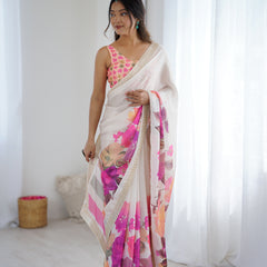 Satin Chiffon Saree with Hand Print & Diamond Cutdana Work