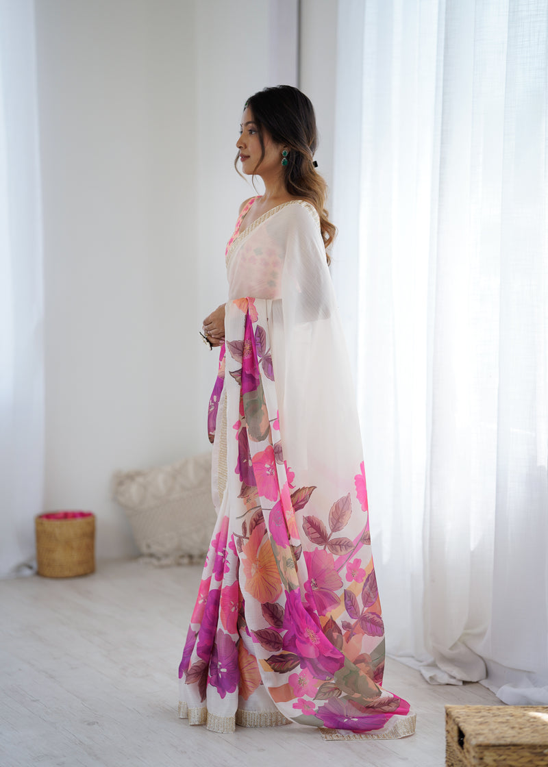 Satin Chiffon Saree with Hand Print & Diamond Cutdana Work