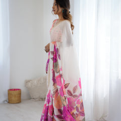 Satin Chiffon Saree with Hand Print & Diamond Cutdana Work