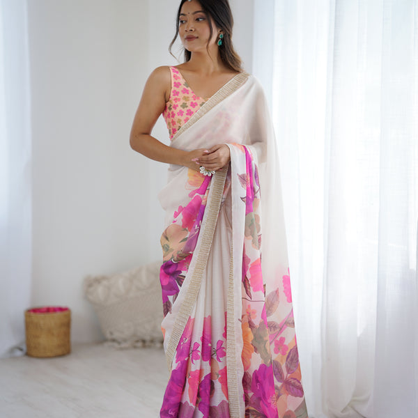 Satin Chiffon Saree with Hand Print & Diamond Cutdana Work