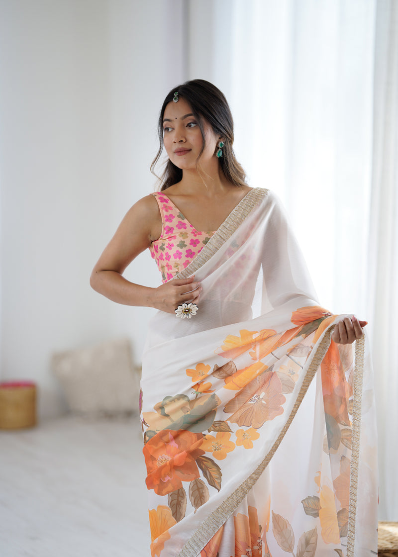 Satin Chiffon Saree with Hand Print & Diamond Cutdana Work