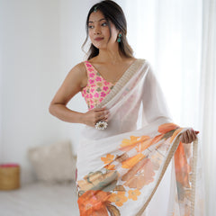 Satin Chiffon Saree with Hand Print & Diamond Cutdana Work