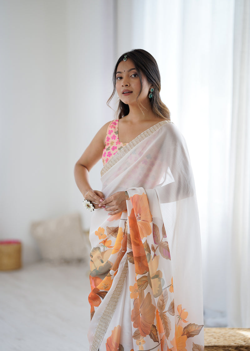 Satin Chiffon Saree with Hand Print & Diamond Cutdana Work