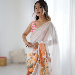 Satin Chiffon Saree with Hand Print & Diamond Cutdana Work