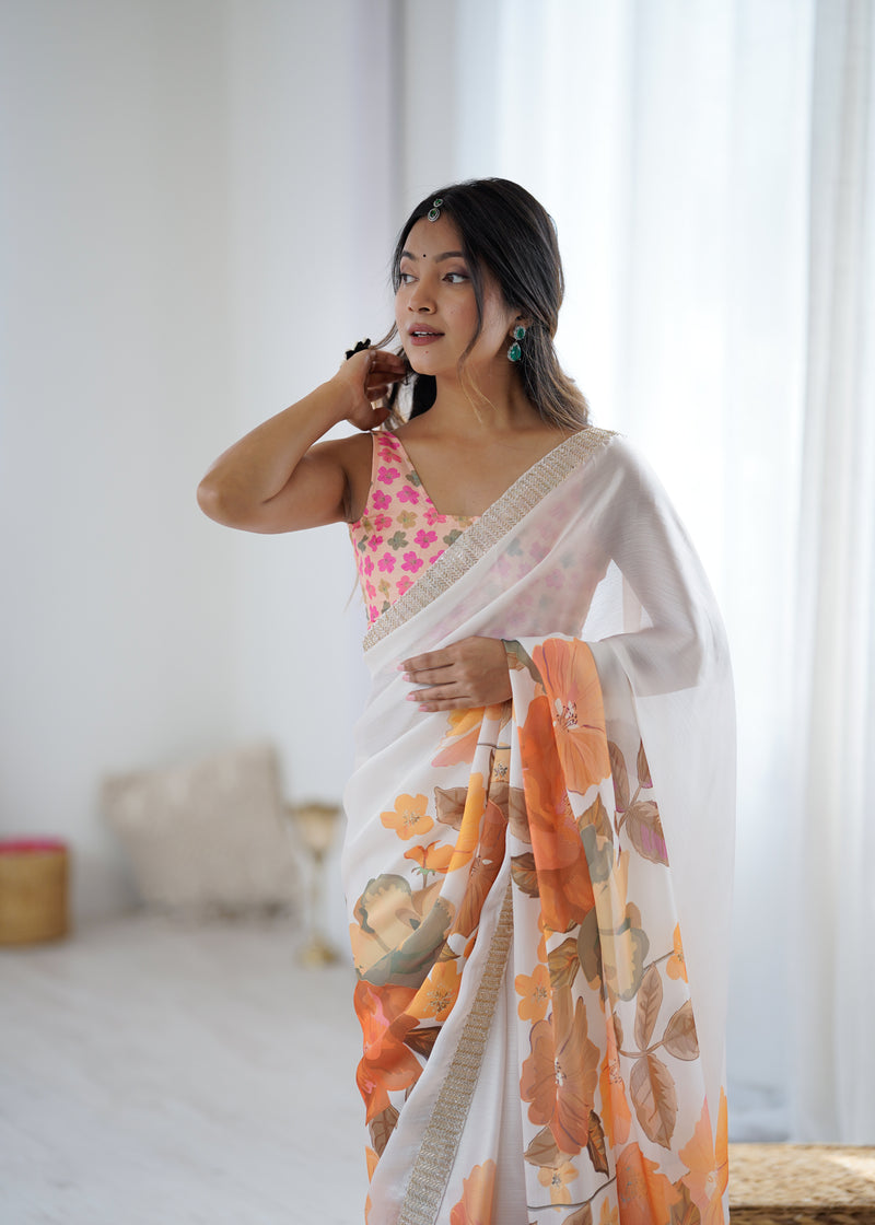 Satin Chiffon Saree with Hand Print & Diamond Cutdana Work