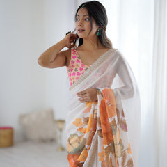 Satin Chiffon Saree with Hand Print & Diamond Cutdana Work