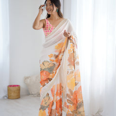 Satin Chiffon Saree with Hand Print & Diamond Cutdana Work