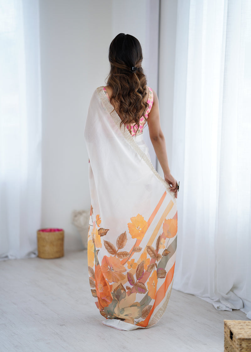 Satin Chiffon Saree with Hand Print & Diamond Cutdana Work