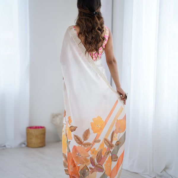 Satin Chiffon Saree with Hand Print & Diamond Cutdana Work