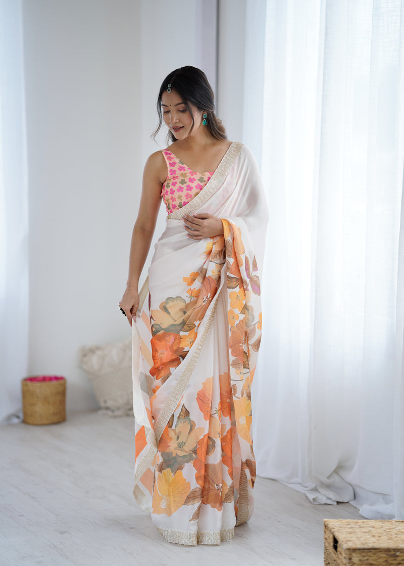 Satin Chiffon Saree with Hand Print & Diamond Cutdana Work