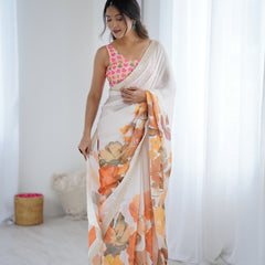 Satin Chiffon Saree with Hand Print & Diamond Cutdana Work